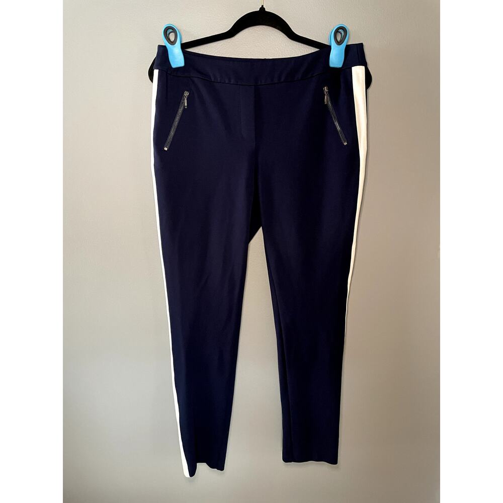 J. Mclaughlin Navy Larkin Ponte Pull On Skinny Pants with White Stripe Size 10